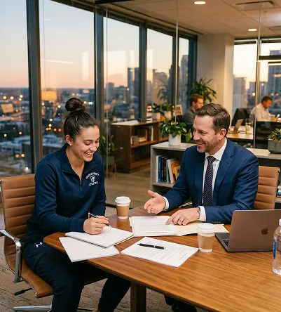 Two professionals collaborating over documents at a conference table in a modern office with a city view at sunset.